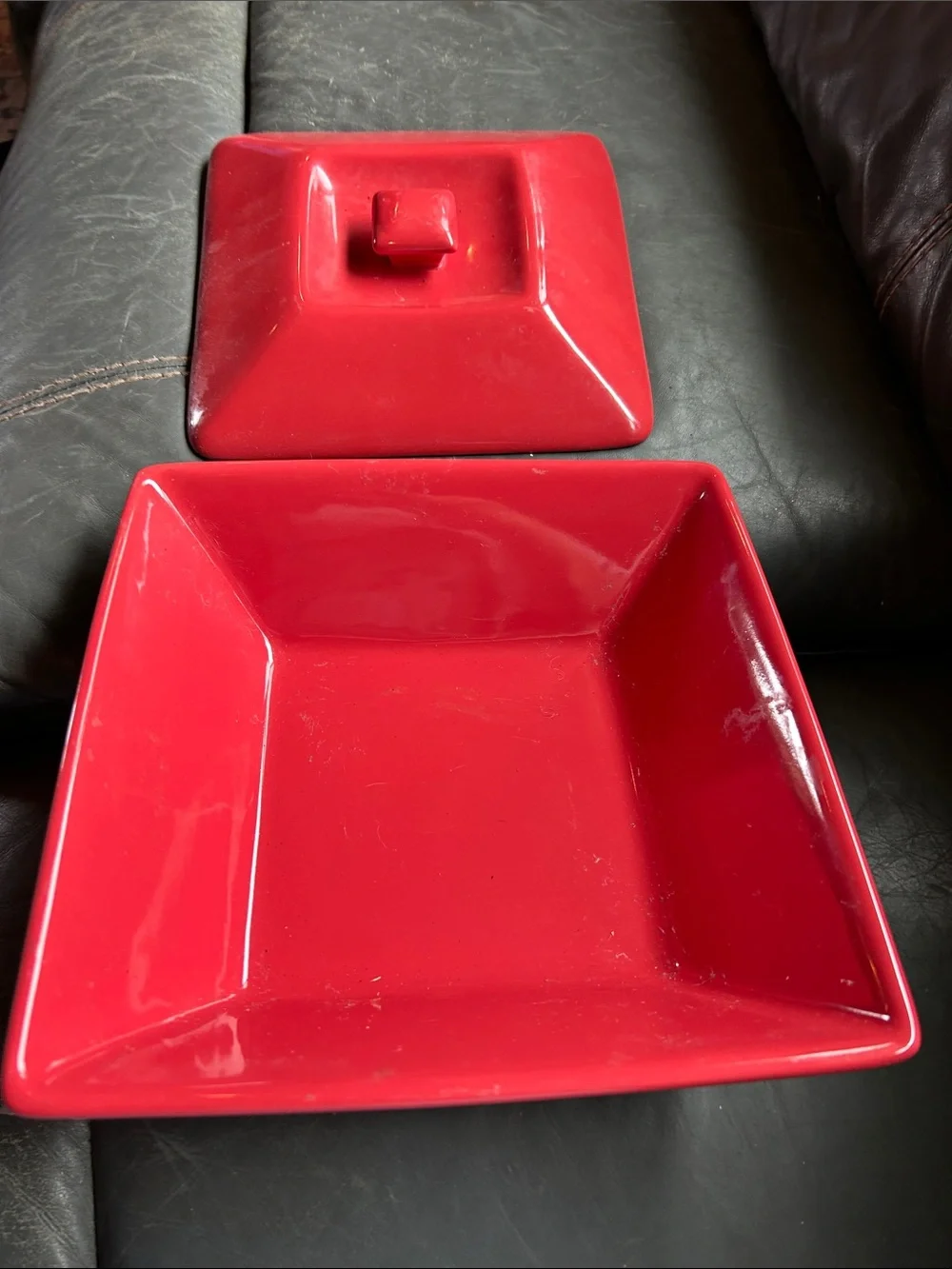 Red Square Ceramic Serving Dish with Lid